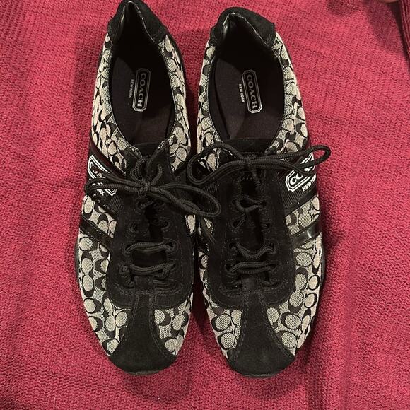 Coach Remonna Sneaker Shoes Size 9.5 Blk Gry Signature Logo Suede & Canvas - Picture 1 of 4